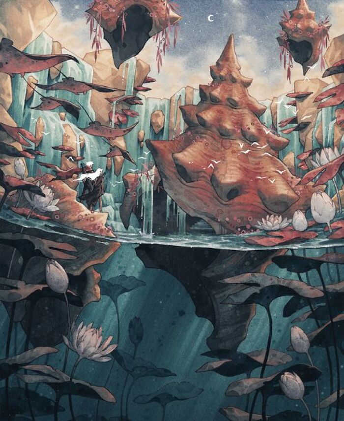 Surreal watercolor painting by Kelogsloops featuring floating rocks, waterfalls, and blooming lotus flowers in calming tones.