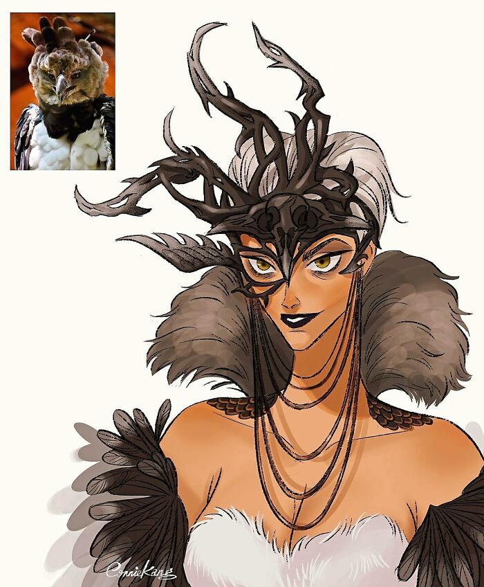 Playful portrait by Connie Kang of a woman wearing a detailed headdress inspired by a quirky animal's features.