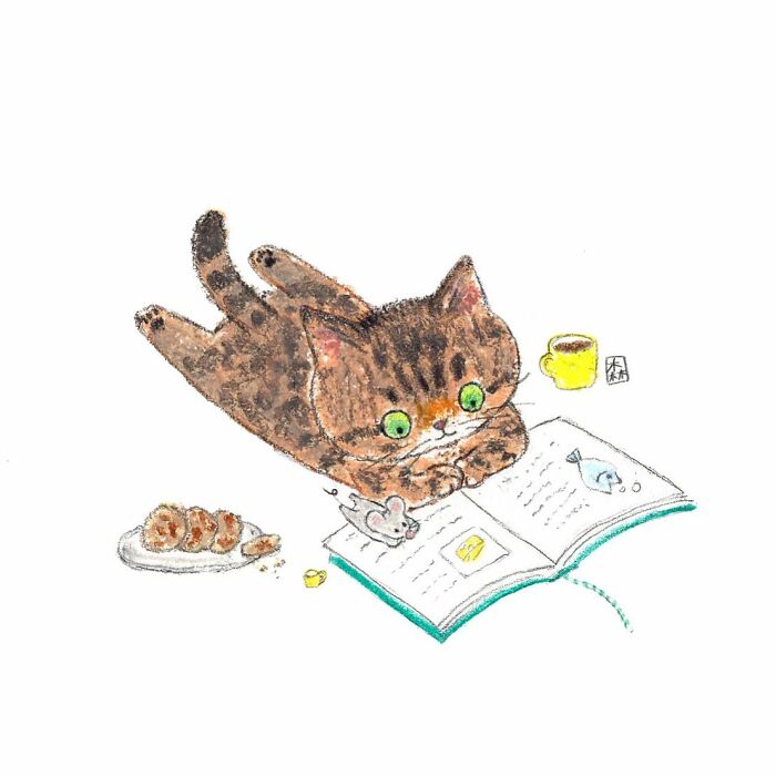 Adorable artwork of a cat with green eyes lying down and reading a book, drawn by a Korean artist for cat lovers.