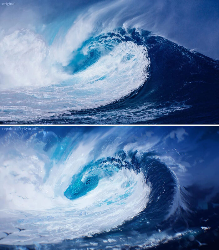 Large ocean wave transformed into a fantastical painted scene revealing another reality through artistic photo repainting.
