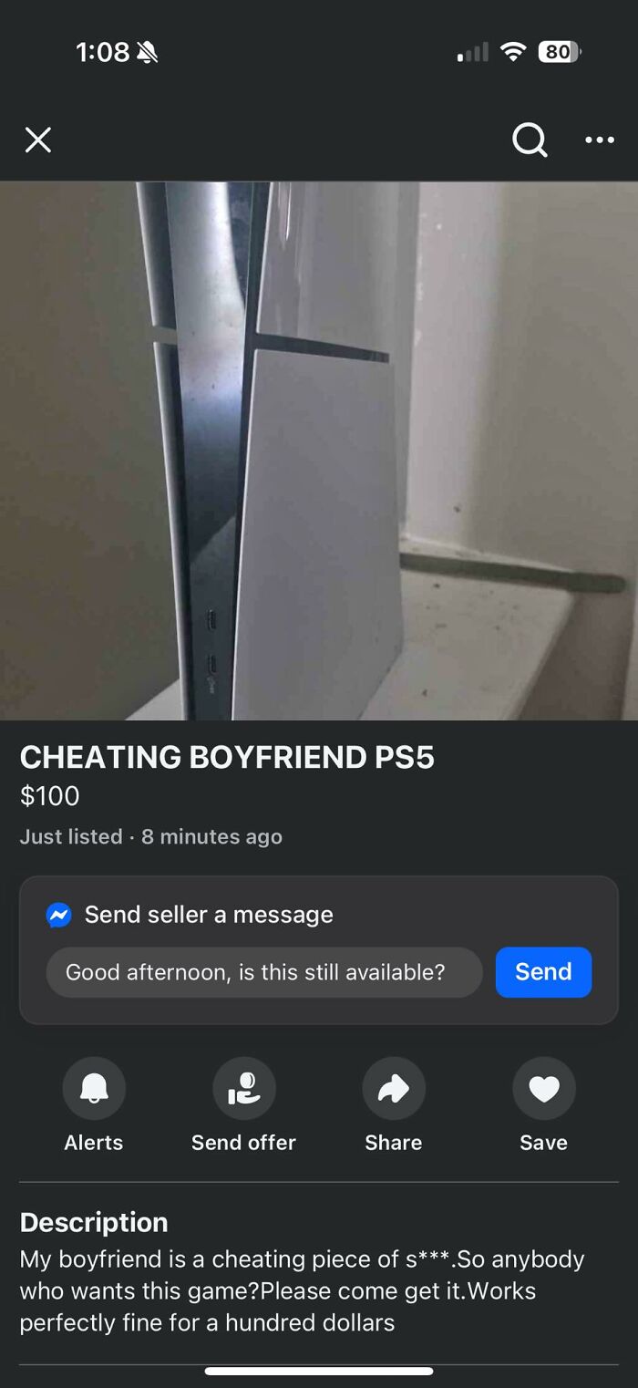 PlayStation 5 listed for sale on Facebook Marketplace with a humorous description about a cheating boyfriend.