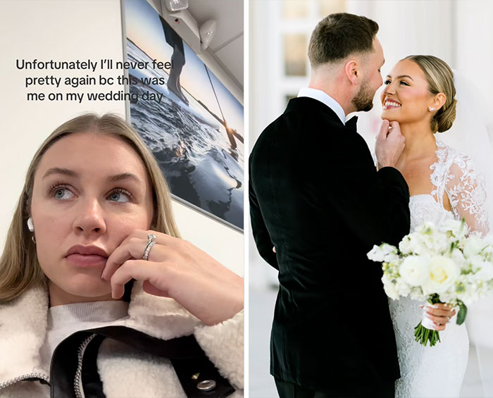 Side-by-side images showing a woman reflecting on her glow down and a happy couple on their wedding day.
