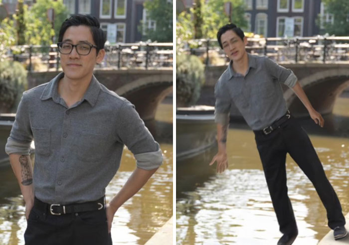 Man by a river in casual clothing with a humorous Photoshop edit making him appear to float awkwardly over the water.