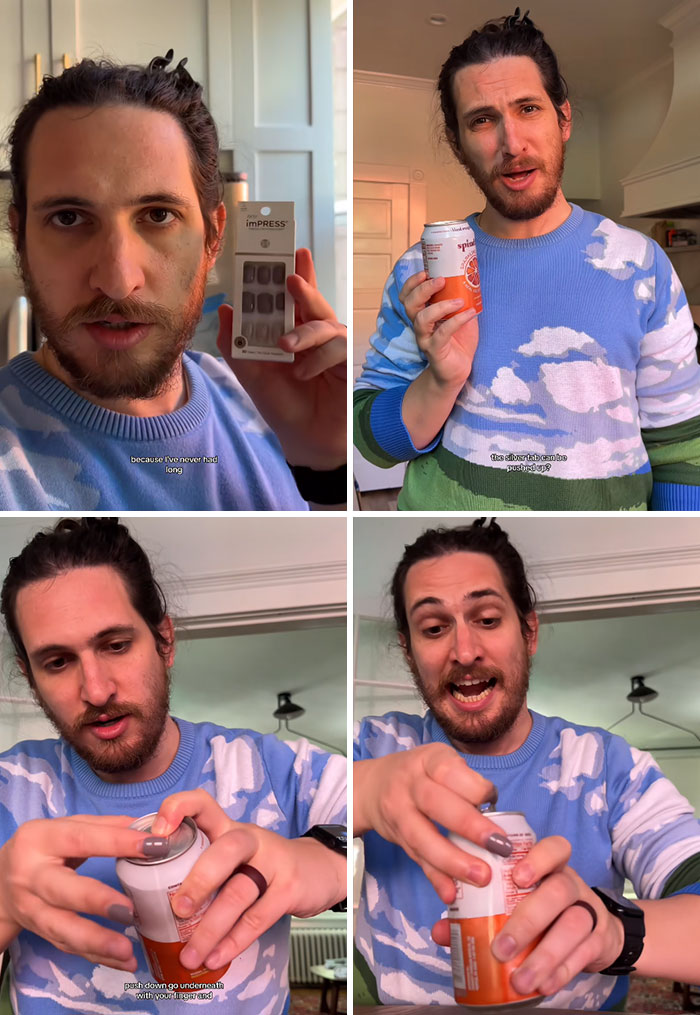 Man in a cloud-patterned sweater sharing life hacks in a kitchen, including nail tips and opening a soda can.