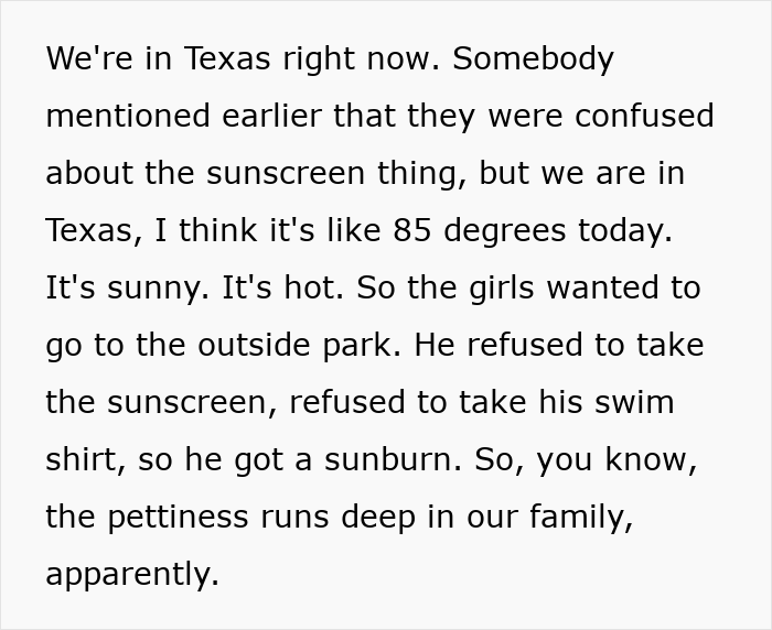 Mom gets petty revenge by making family pack for themselves after sunburn incident in hot Texas weather.