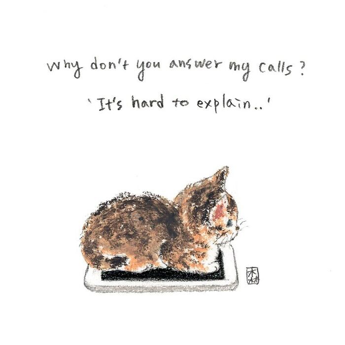 Adorable artwork for cat lovers depicting a kitten sitting on a phone with a handwritten dialogue above.
