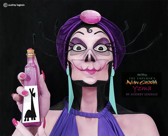 Detailed makeup look inspired by The Emperor’s New Groove character Yzma, showcasing creativity by talented artists.
