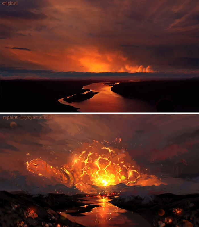 Repainted photo revealing fantastical worlds with glowing fiery explosion over a river under dramatic skies.