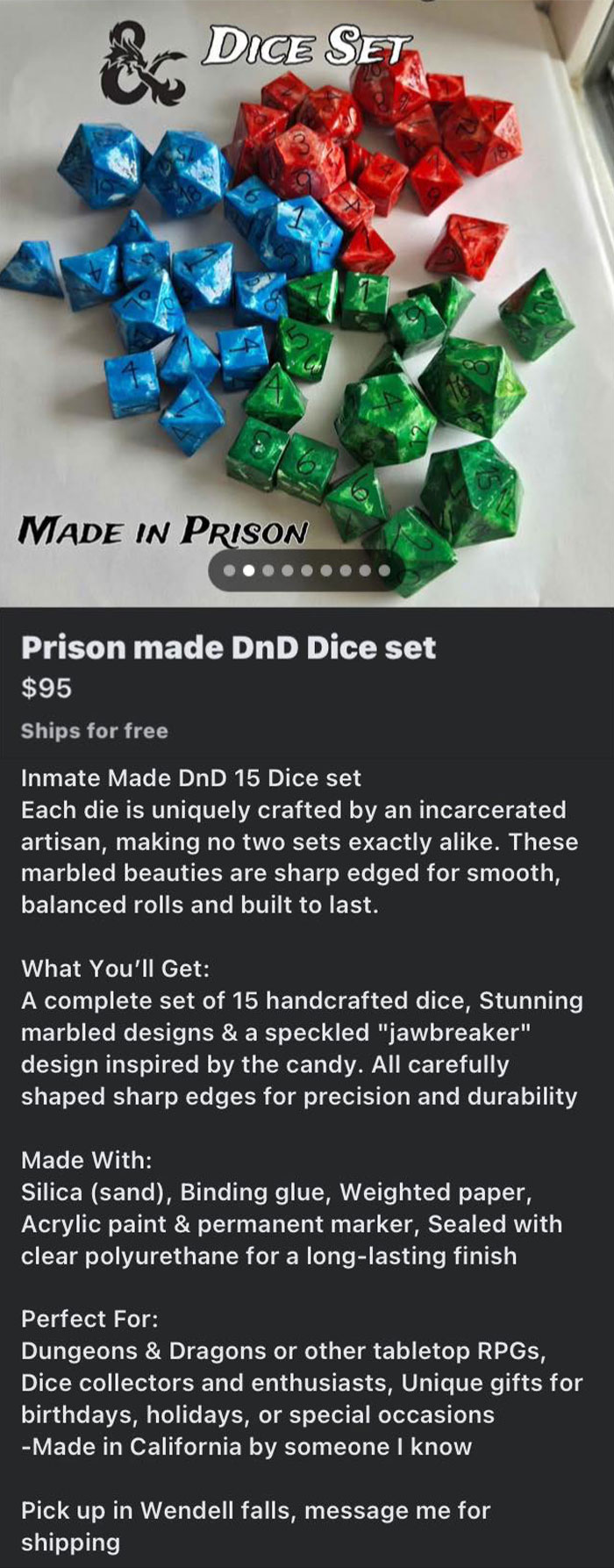 Handcrafted colorful DnD dice set made in prison, featuring marbled designs and sharp edges for smooth rolls.