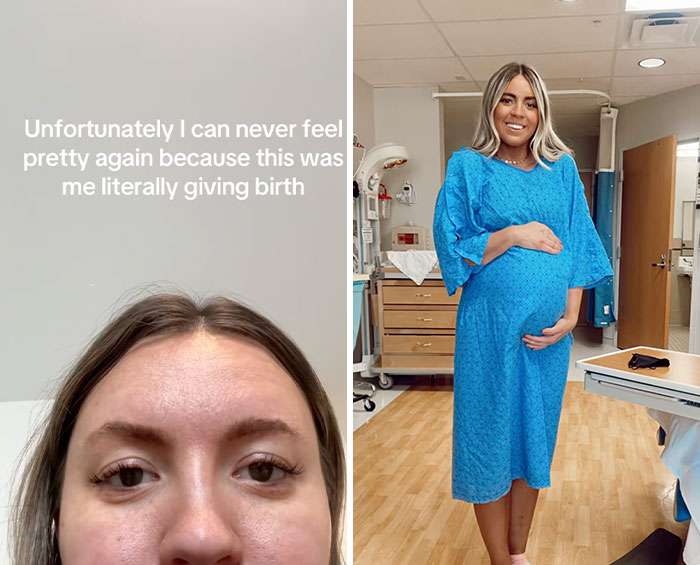 Close-up of a woman giving birth and a pregnant woman in a hospital showing real-life glow downs trend moments.