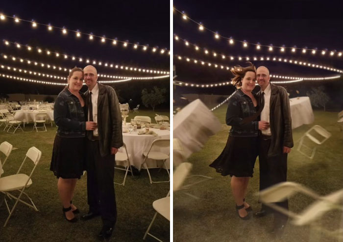 Couple posing at night with string lights, edited to show a chaotic swirl of chairs and tables flying around them.