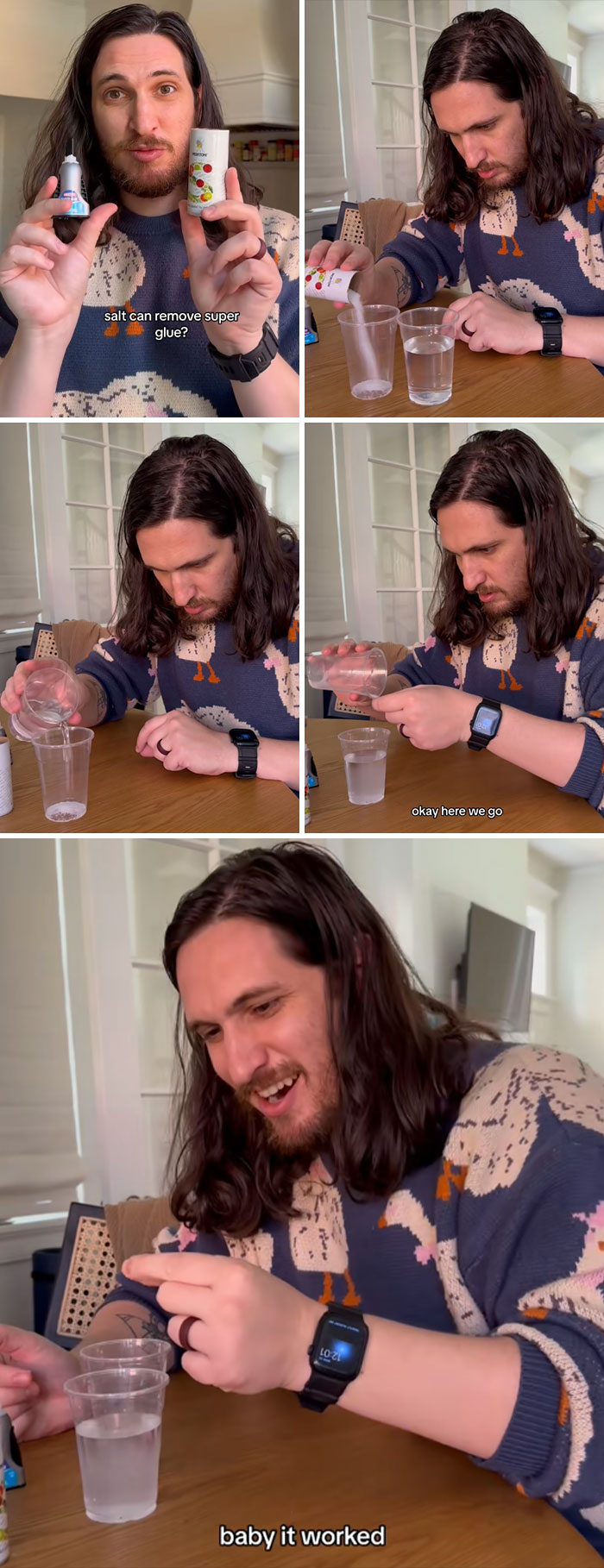 Man demonstrating how salt can remove super glue, pouring salt into water and showing it works with excitement at a wooden table.