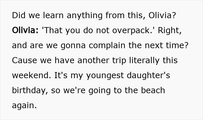 Alt text: Mom teaching family about packing lightly for trips in a petty revenge story that went viral online.