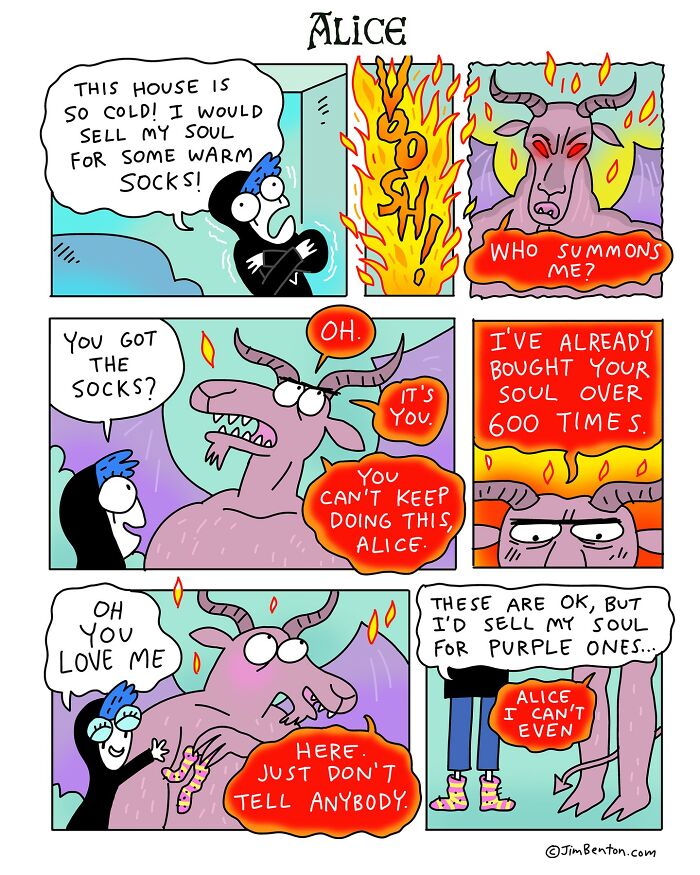 Comic by Jim Benton showing a clever twist with a character selling her soul for warm socks.