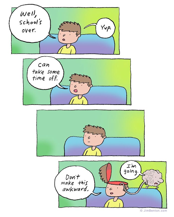 Comic by Jim Benton showing a boy talking to his brain with an unexpected twist in a clever comic strip.