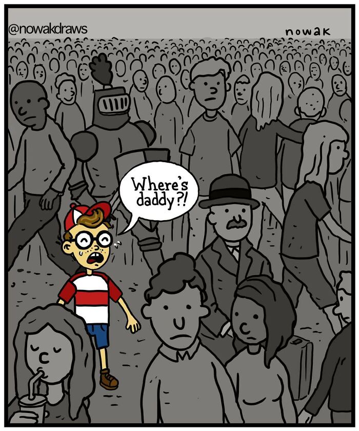 Comic illustration by artist with peculiar sense of humor showing a boy in colorful clothes asking where his daddy is.