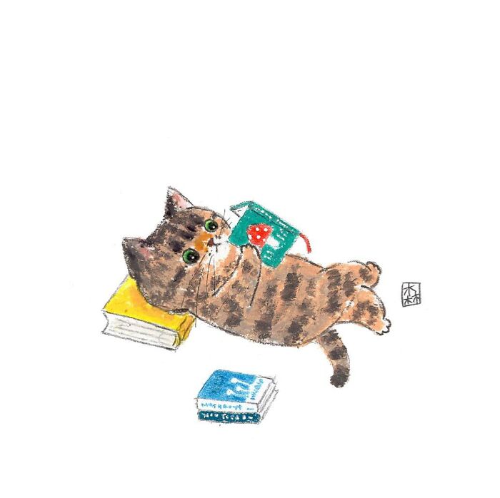 Adorable artwork for cat lovers featuring a playful cat lying on books, drawn by a Korean artist in a charming style.