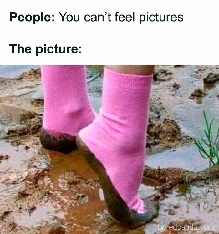 Pink socks dipped in mud illustrating a hilarious meme about feeling pictures shared on a popular Facebook memes page.