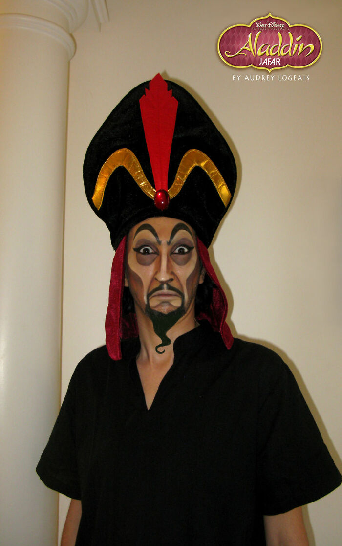 Person wearing impressive Jafar-inspired makeup and costume showcasing incredible makeup looks by talented artists.