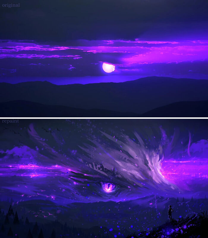 Night sky transformed into a fantastical world with a giant glowing eye, showcasing artist's skill in repainting photos.