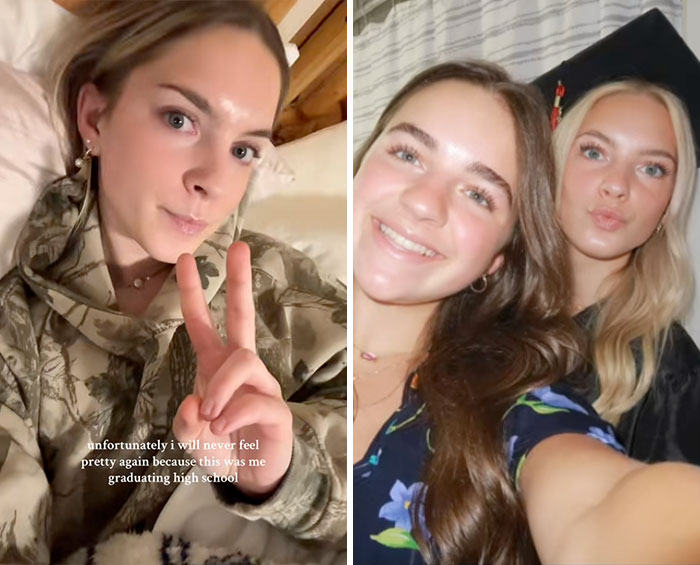 Two images of young women sharing their glow downs, one making a peace sign and two smiling for a selfie indoors.