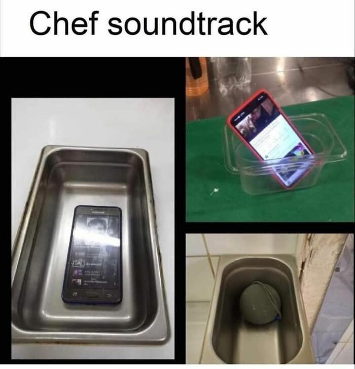 Phones placed in kitchen trays and containers playing music, illustrating relatable memes about working in hospitality.