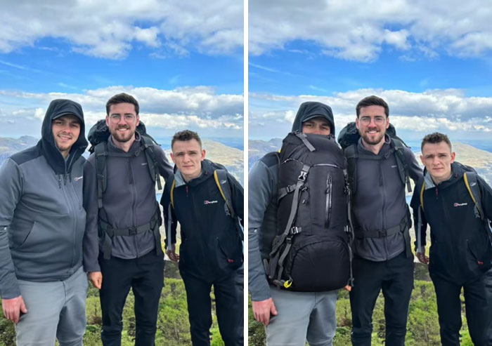 Three men hiking outdoors before and after hilarious Photoshop edits by an artist who takes photo requests literally.
