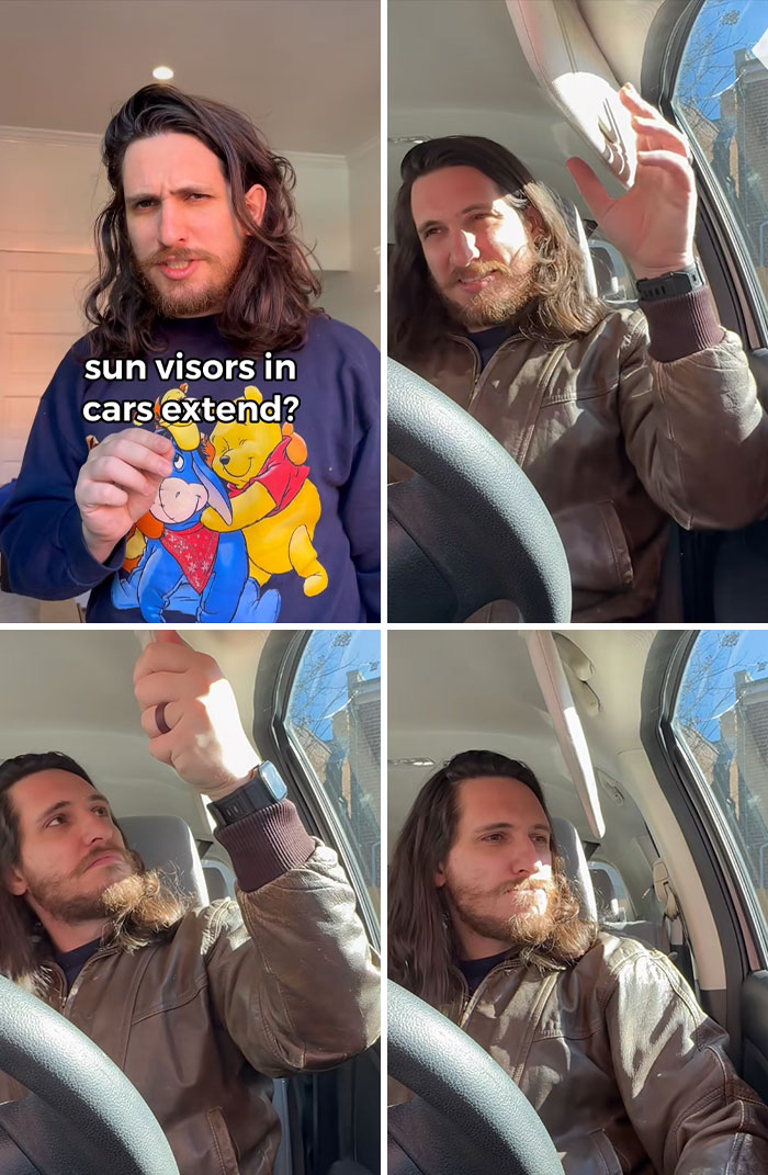 Man with long hair explaining sun visors in cars while sitting in a car, sharing useful facts and tips in casual setting