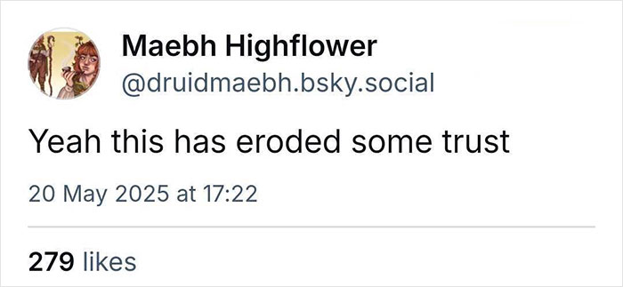 Tweet by Maebh Highflower posted May 20 2025 saying this has eroded some trust related to 2025 summer reading list.