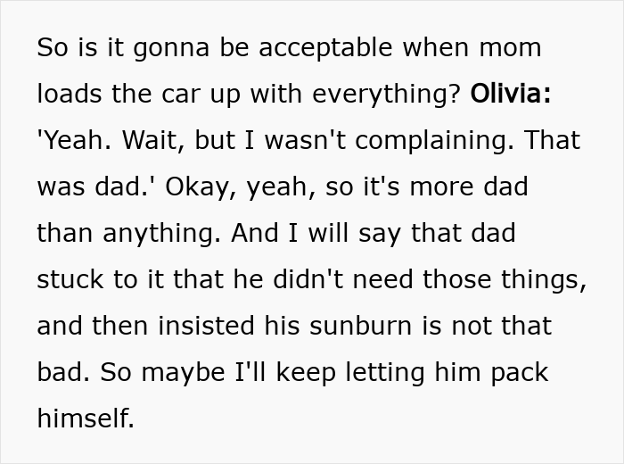 Text conversation about a family discussing who should pack for a trip, showing mom&rsquo;s petty revenge in action.