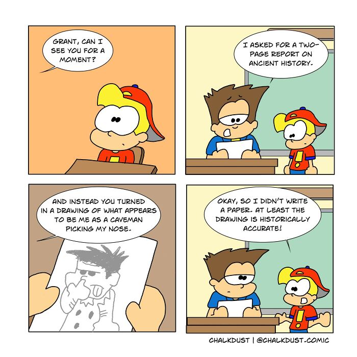 Comic showing a teacher and student highlighting the humor of surviving a school day through illustrated moments.