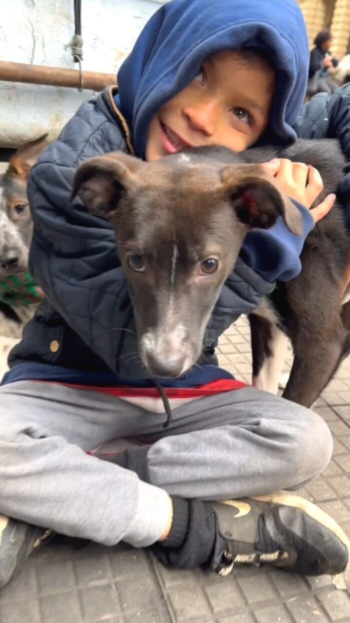 Young homeless boy in a blue hoodie hugging his dog closely, capturing the bond between homeless people and their dogs.