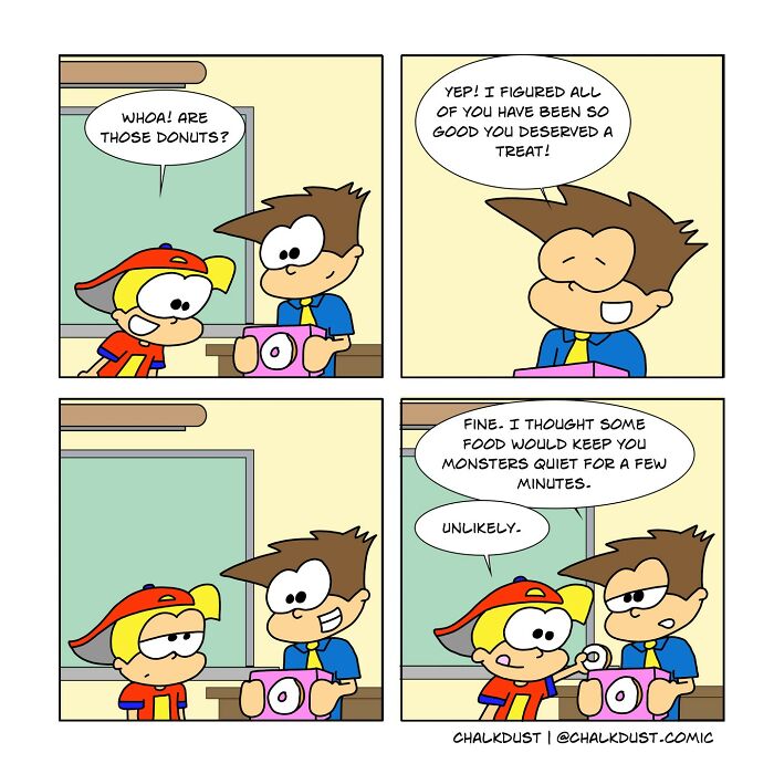 Teacher’s comics depicting a classroom scene with a student excited about donuts and a teacher offering treats to survive a school day.