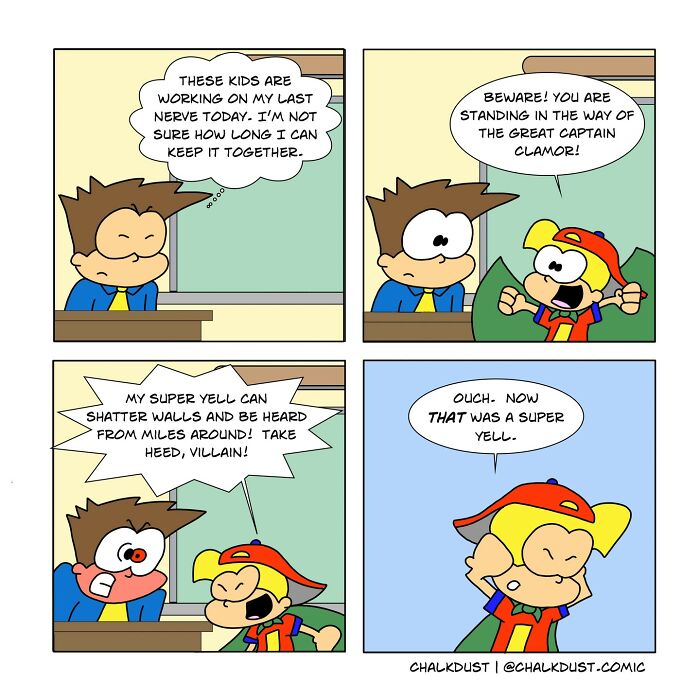 Teacher’s comics illustrating the challenges and humor of surviving a school day with energetic students in a classroom setting.