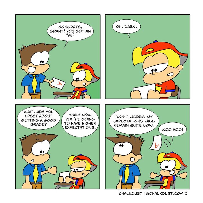 Comic strip showing a teacher and student illustrating the challenges of surviving a school day with humor.