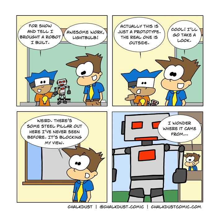 Teacher’s comics illustrating the challenges and humor of surviving a school day through playful student and robot interactions.