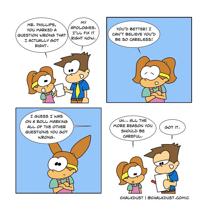 Comic strip showing a teacher and student humorously navigating mistakes during a typical school day survival moment.