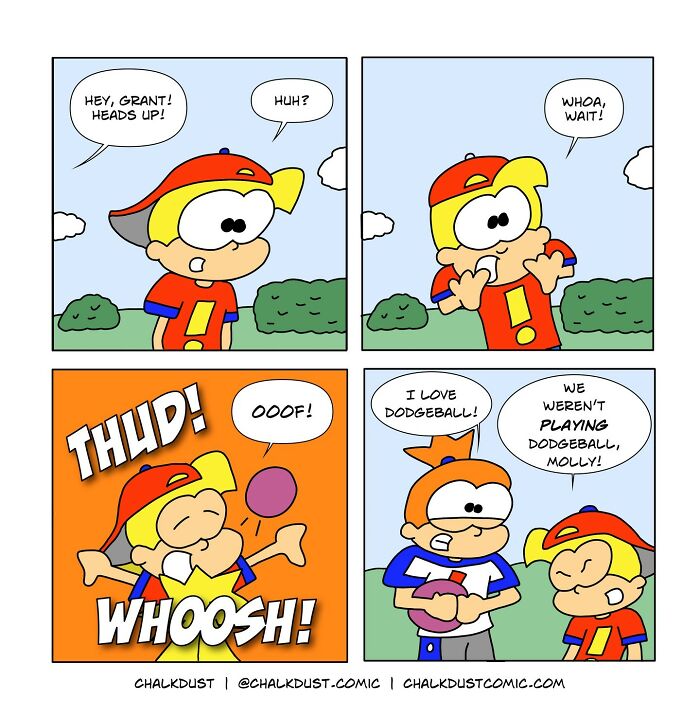 Comic strip showing kids playing dodgeball, capturing the teacher’s comics style depicting surviving a school day humorously.