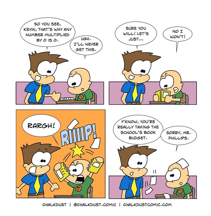Comic strip showing a teacher struggling to help a student understand math, highlighting school day survival humor.