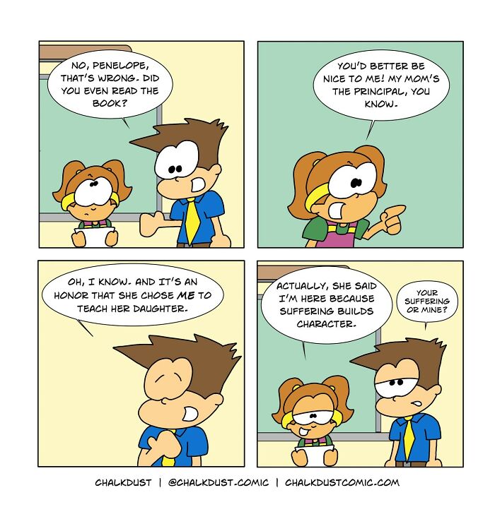 Comic strip of a teacher and student highlighting the challenges teachers face surviving a school day in a humorous way.