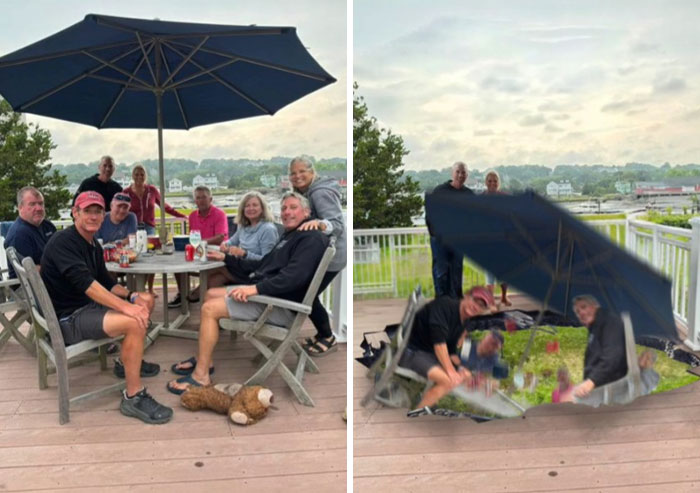 Group of people sitting under a large umbrella by a table, then humorously edited to appear flipped under the umbrella in Photoshop edits.