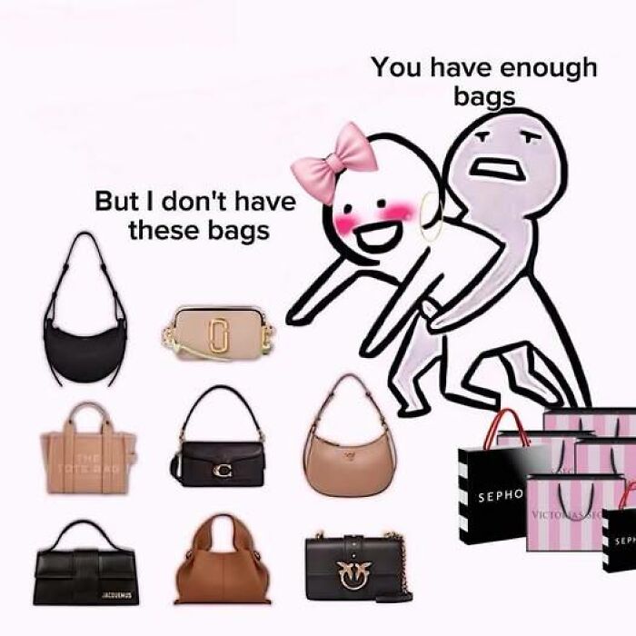 Cartoon of two characters with one wearing a pink bow, surrounded by cute and wholesome handbags and shopping bags.