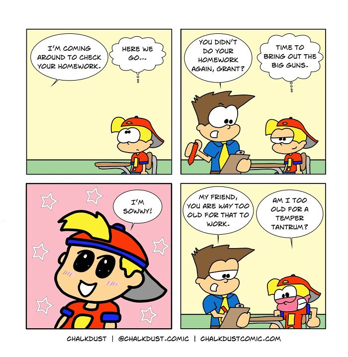 Comic strip showing a teacher and student humorously depicting a school day and homework struggles.