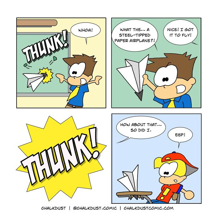 Teacher's comics showing a humorous moment with a steel-tipped paper airplane during a chaotic school day.