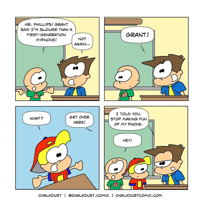 Comic strip showing a teacher and students in a classroom capturing the challenge to survive a school day through humor.