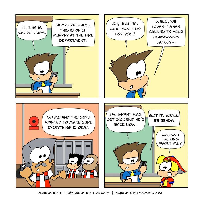 Teacher’s comic strip showing a classroom phone call with the fire department, capturing school day survival humor.
