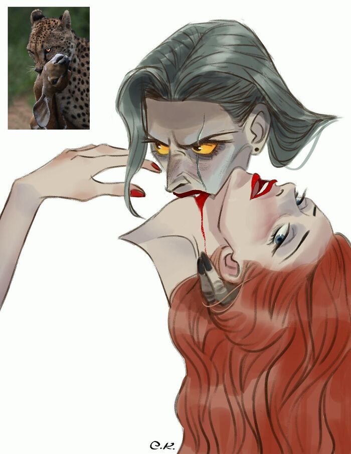 Illustration of two characters in a dramatic pose inspired by playful portraits capturing the quirky side of animals.