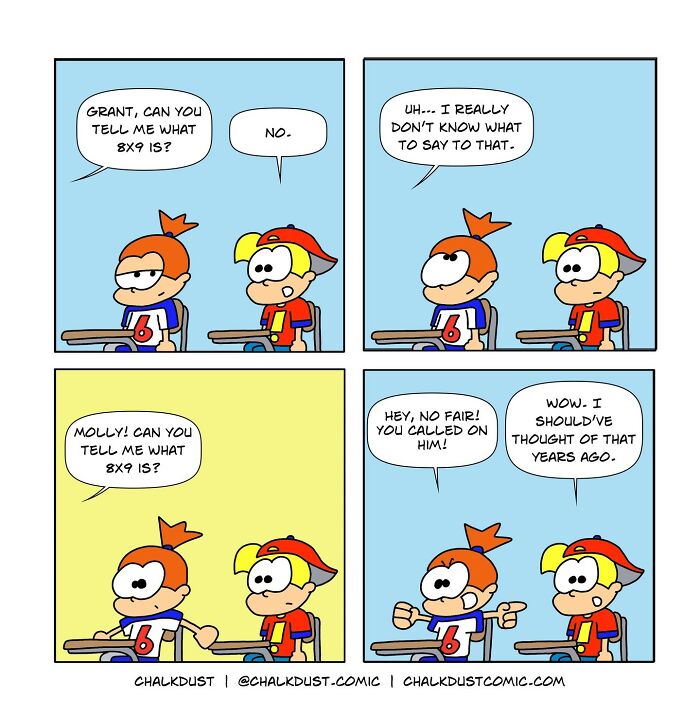 Comic strip showing a teacher struggling to get answers from students, illustrating the challenges of surviving a school day.