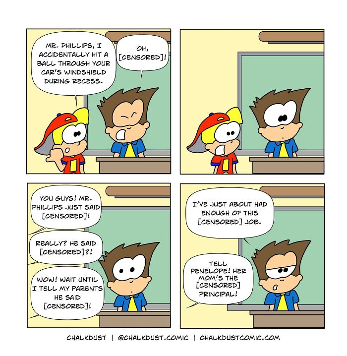 Comic strip shows a teacher and student humorously depicting what it's like to survive a school day with censored exclamations.