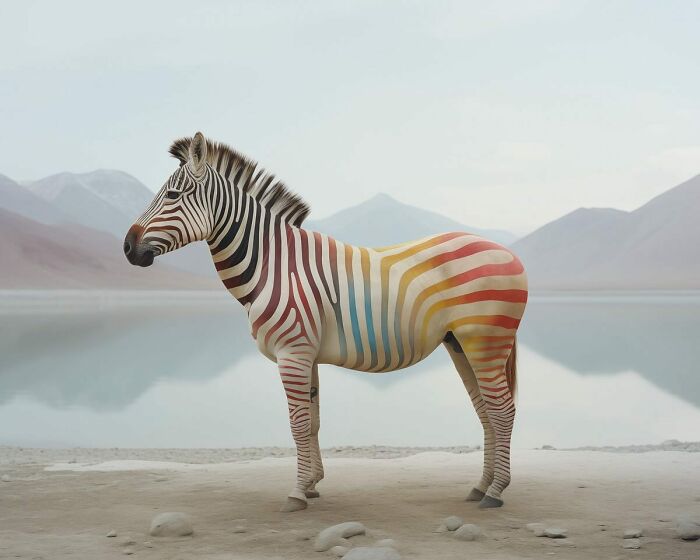 Zebra with colorful, unnatural stripes standing by a calm lake in a surreal natural world vision by Jim Naughten.